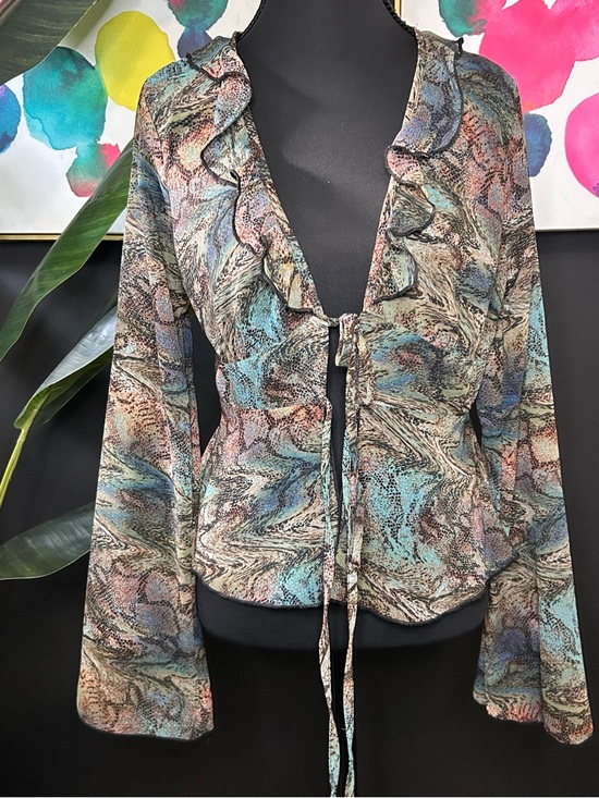 Tops - Ruffled Tie-Front Sheer Blouse in Teal & Brown